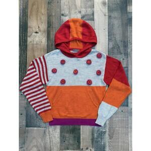 Big enough Hooded Kid Girl Sweater Stripes & Knit Flowers Size M 10/12